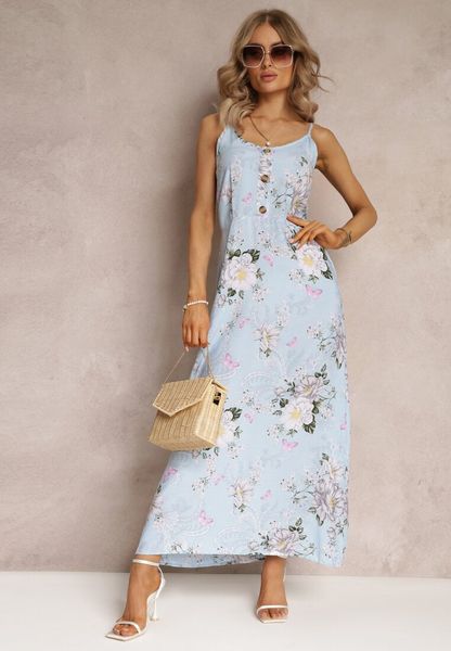 Jasnoniebieska Sukienka w Kwiaty na Ramiączkach Lydienne. Niebieskie sukienki damskie Renee, na imprezę, l, bez wzorów, z tkaniny, bez kołnierzyka, bez ramiączek, maxi. Za 24.99 zł.