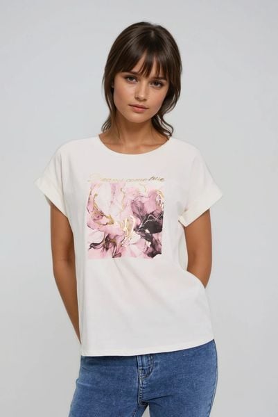 T-shirt z nadrukiem ecru. T-shirty damskie MOODO, bez wzorów, z bawełny, bez kołnierzyka. Za 49.99 zł.