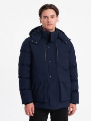 Zimowa kurtka męska z odpinanym kapturem i kieszeniami cargo - granatowa V1 OM-JAHP-0152 - XXL. Niebieskie kurtki męskie Ombre Clothing, na zimę, m, bez wzorów. W wyprzedaży za 259.99 zł.