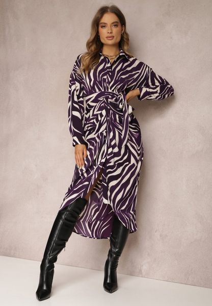 Ciemnofioletowa Sukienka Koszulowa w Zebrę Maimuna. Fioletowe sukienki damskie Renee, na co dzień, l, bez wzorów, klasyczne, bez kołnierzyka, bez ramiączek, midi, koszulowe. Za 109.99 zł.