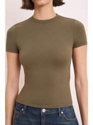 Trendyol Koszulka w kolorze khaki rozmiar: S. Brązowe bluzki damskie Trendyol, s, bez wzorów, bez kołnierzyka, bez ramiączek. Za 52.99 zł.