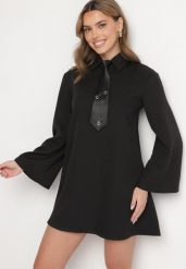 Czarna Sukienka Trapezowa z Szerokimi Rękawami Kołnierzykiem i Krawatem Ralliora. Czarne sukienki damskie Born2be, na co dzień, uniwersalny, bez wzorów, eleganckie, bez kołnierzyka, bez ramiączek, mini, trapezowe. W wyprzedaży za 127.99 zł.