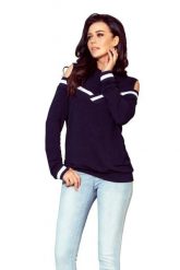 Granatowa Bluza Typu Cold Shoulder z Kontrastowymi Lamówkami. Bluzy bez kaptura damskie Numoco, s, z materiału. Za 156.90 zł.