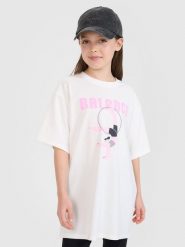 4F T-shirt oversize z nadrukiem dziewczęcy - biały 140 (9-10 lat). Białe koszulki dziewczęce 4f, bez wzorów, z bawełny, bez ramiączek. W wyprzedaży za 19.99 zł.