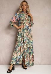 Niebiesko-Zielona Sukienka Basomela. Niebieskie sukienki damskie Renee, na imprezę, na wiosnę, l, bez wzorów, klasyczne, bez kołnierzyka, bez ramiączek, maxi, koszulowe. Za 119.99 zł.