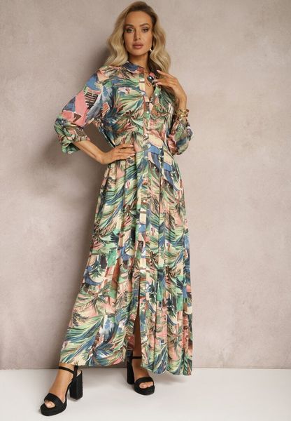 Niebiesko-Zielona Sukienka Basomela. Niebieskie sukienki damskie Renee, na imprezę, na wiosnę, l, bez wzorów, klasyczne, bez kołnierzyka, bez ramiączek, maxi, koszulowe. Za 119.99 zł.