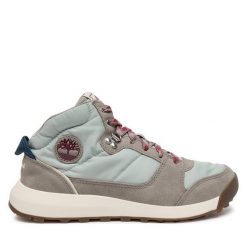 Trzewiki Timberland. Szare botki damskie Timberland, bez obcasa, na płaskiej podeszwie, bez zapięcia. Za 449.99 zł.