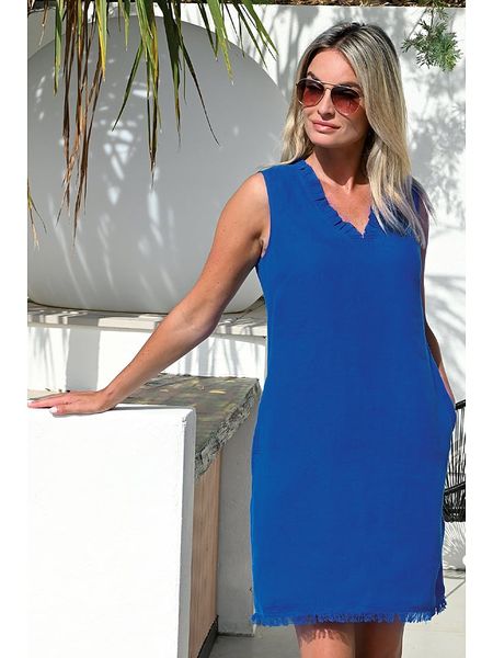 Bleu d'Azur Lniana sukienka "Vanna" w kolorze niebieskim rozmiar: 42. Niebieskie sukienki damskie Bleu d'Azur, na co dzień, w ażurowe wzory, ze lnu, klasyczne, bez kołnierzyka, bez ramiączek, mini, proste. Za 131.43 zł.