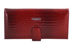 Portfel skórzany CONTI czerwony 515-A-13. Czerwone portfele damskie CONTI, bez wzorów, z lakierowanej skóry. Za 169.99 zł.