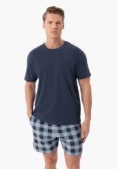 Piżama męska z szortami U-SEN. Niebieskie piżamy męskie Volcano, bez wzorów, z bawełny, klasyczne. Za 109.99 zł.
