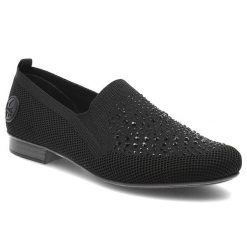 Czarne Półbuty Rieker Wygodne Obuwie Damskie Z Cyrkoniami. Czarne półbuty damskie Rieker, z aplikacjami, eleganckie, bez obcasa, na obcasie. Za 319.00 zł.