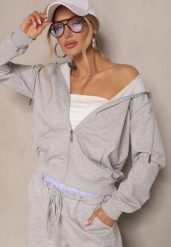 Szara Rozpinana Bluza z Bawełny z Kapturem Ozdobiona Sznurkami Telidwena. Szare bluzy z kapturem damskie Renee, l, z bawełny. Za 59.99 zł.