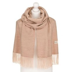 Beżowy szal damski z poliestru i wiskozy ozdobiony frędzlami - Rovicky. Brązowe szaliki i kominy damskie ROVICKY, bez wzorów, z wiskozy. Za 55.00 zł.