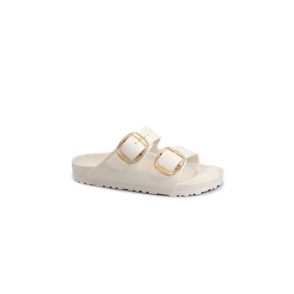 Klapki damskie Birkenstock Arizona Big Buckle Eva. Białe klapki damskie Birkenstock, bez wzorów, z materiału, bez obcasa. Za 339.99 zł.