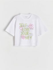 T-shirt z aplikacją - złamana biel. Koszulki dziewczęce Reserved, s, z aplikacjami, z bawełny, bez ramiączek. W wyprzedaży za 27.99 zł.