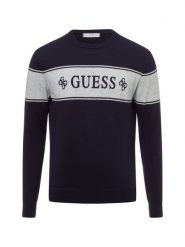 GUESS Męski sweter z dzianiny Mężczyźni Bawełna niebieski|szary w paski, XL. Niebieskie swetry męskie Guess, m, z aplikacjami, z bawełny, bez kołnierzyka. Za 229.95 zł.