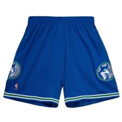 Krótkie NBA Minnesota Timberwolves. Niebieskie szorty męskie Mitchell & Ness, bez wzorów, sportowe. W wyprzedaży za 266.50 zł.