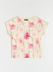 Bawełniana koszulka z krótkim rękawem i motywem kwiatowym - kremowy. Białe t-shirty damskie Sinsay, l, bez wzorów, z bawełny, bez kołnierzyka. Za 25.99 zł.