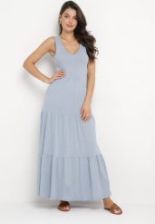 Niebieska Bawełniana Sukienka Maxi Bez Rękawów Lorenis. Niebieskie sukienki damskie Born2be, na co dzień, na lato, l, bez wzorów, z bawełny, eleganckie, bez kołnierzyka, bez ramiączek, maxi, kopertowe. W wyprzedaży za 103.99 zł.