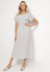 Biała Sukienka z Bawełny o Rozkloszowanym Kroju w Kropeczki Lisadrisa. Białe sukienki damskie Born2be, na co dzień, m, bez wzorów, z bawełny, eleganckie, bez kołnierzyka, bez ramiączek, midi, rozkloszowane. W wyprzedaży za 51.99 zł.