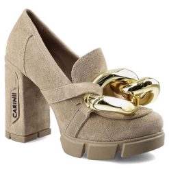 Beżowe Półbuty Carinii Damskie Eleganckie Obuwie. Brązowe półbuty damskie Carinii, bez wzorów, ze skóry, biznesowe, bez obcasa, na słupku. Za 329.00 zł.