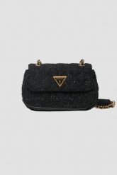 GUESS Czarna tweedowa torebka Giully Mini. Czarne listonoszki damskie Guess, z aplikacjami, bez dodatków. W wyprzedaży za 325.02 zł.