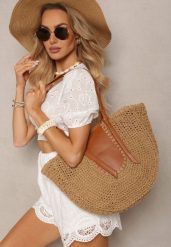 Ciemnobeżowa Jednokomorowa Torebka z Plecionej Rafii w Stylu Boho Idarkia. Brązowe torebki klasyczne damskie Renee, bez wzorów, bez dodatków. Za 74.99 zł.