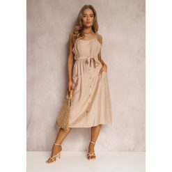 Beżowa Sukienka Hami. Brązowe sukienki damskie Renee, l, z aplikacjami, z materiału, eleganckie, bez kołnierzyka, bez ramiączek, midi. W wyprzedaży za 59.49 zł.