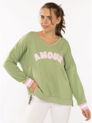 Zwillingsherz Sweter "Amour" w kolorze zielono-jasnoróżowym rozmiar: S/M. Różowe swetry klasyczne damskie Zwillingsherz, m, bez kołnierzyka. Za 222.41 zł.