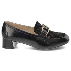 Czarne Półbuty Rieker Eleganckie Obuwie Damskie Na Obcasie. Czarne półbuty damskie Rieker, z aplikacjami, z lakierowanej skóry, eleganckie, bez obcasa, na obcasie. Za 379.00 zł.