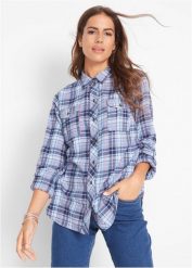 Koszula flanelowa z czystej bawełny. Niebieskie koszule damskie bonprix, bez wzorów, z bawełny, bez kołnierzyka, bez ramiączek. Za 97.99 zł.