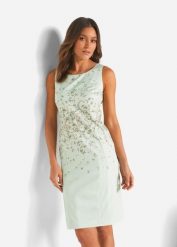 Sukienka ołówkowa z nadrukiem. Zielone sukienki damskie bonprix, bez wzorów, klasyczne, bez kołnierzyka, bez ramiączek, ołówkowe. Za 209.99 zł.