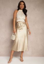 Beżowa Spódnica Satynowa High Waist Pillizze. Brązowe spódniczki damskie Renee, l, bez wzorów, z satyny, eleganckie, z podwyższonym stanem, maxi. Za 79.99 zł.