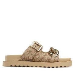 Klapki Guess. Brązowe klapki damskie Guess, z aplikacjami, bez obcasa. Za 309.99 zł.