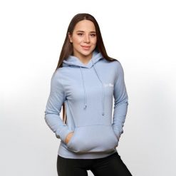 Bluza damska fitness z kapturem niebieska PRO Hoodie. Niebieskie bluzy sportowe damskie GYMBEAM, l, bez wzorów, z bawełny, bez ramiączek, długie, z kapturem. Za 88.90 zł.