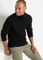 Ciepły sweter z golfem, regular fit. Czarne swetry męskie bonprix, l, bez wzorów, prążkowane, bez kołnierzyka. Za 99.99 zł.
