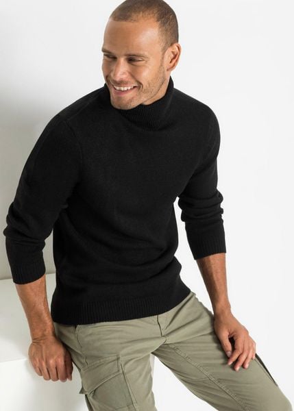 Ciepły sweter z golfem, regular fit. Czarne swetry męskie bonprix, l, bez wzorów, prążkowane, bez kołnierzyka. Za 99.99 zł.