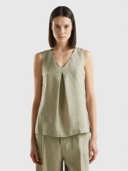 Benetton Lniana bluzka w kolorze khaki rozmiar: S. Brązowe bluzki damskie Benetton, s, bez wzorów, ze lnu, bez kołnierzyka, bez ramiączek. Za 74.63 zł.