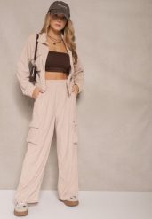 Jasnobeżowy Komplet Dresowy Cargo z Bluzą ze Stójką i Spodniami o Szerokim Kroju Arrivenna. Brązowe bluzy bez kaptura damskie Renee, m, z dresówki. Za 74.99 zł.