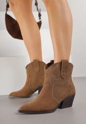 Brązowe Botki Typu Kowbojki na Stożku ze Skóry Naturalnej Clearfeather. Brązowe botki damskie Renee, z jeansu, klasyczne, bez obcasa, na obcasie, bez zapięcia. Za 189.99 zł.