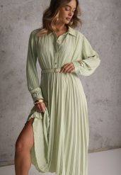 Zielona Koszulowa Sukienka z Plisowanymi Zdobieniami i Paskiem z Klamrą Efrivelle. Zielone sukienki damskie Renee, na co dzień, l, z aplikacjami, eleganckie, bez kołnierzyka, bez ramiączek, midi, kopertowe. Za 129.99 zł.