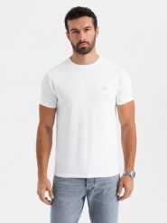 Męski t-shirt SLIM FIT z elastanem i printem – biały V2 OM-TSBC-0222 - XXL. Białe t-shirty męskie Ombre Clothing, l, bez wzorów, z bawełny, bez kołnierzyka. W wyprzedaży za 39.99 zł.