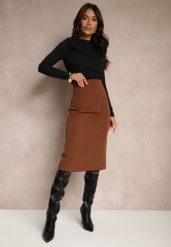 Brązowa Spódnica o Ołówkowym Kroju High Waist z Rozcięciem z Tyłu Liozia. Brązowe spódniczki damskie Renee, uniwersalny, bez wzorów, z jedwabiu, eleganckie, z podwyższonym stanem, midi, ołówkowe. Za 44.99 zł.