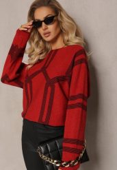 Czerwony Sweter z Okrągłym Dekoltem i Wzorem w Paski Busso. Czerwone swetry klasyczne damskie Renee, xl, bez kołnierzyka. Za 99.99 zł.