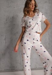 Biały Elastyczny Komplet Piżamowy w Serduszka Spodnie i Top Isle. Białe piżamy damskie Renee, l, bez wzorów, z materiału, bez ramiączek. Za 79.99 zł.