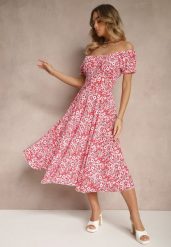 Czerwona Rozkloszowana Sukienka w Kwiatowy Print z Bawełną i Dekoltem Łódką z Bufkami Saniren. Czerwone sukienki damskie Renee, l, bez wzorów, z bawełny, eleganckie, bez kołnierzyka, bez ramiączek, midi, rozkloszowane. W wyprzedaży za 52.49 zł.