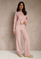 Jasnoróżowy Dzianinowy Komplet z Wełną Spodnie Wide Leg i Sweter Cropped Nezera. Czerwone spodnie materiałowe damskie Renee, bez wzorów, z dzianiny. Za 129.99 zł.