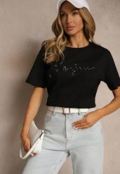 Czarny Bawełniany T-shirt Zdobiony Haftowanym Napisem z Cekinami Ulionis. Czarne t-shirty damskie Renee, m, z aplikacjami, z bawełny, bez kołnierzyka. Za 39.99 zł.