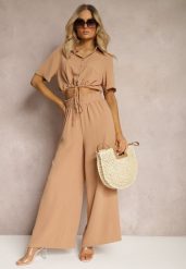 Ciemnobeżowy Dwuczęściowy Komplet Koszula z Krótkim Rękawem i Guzikami Spodnie z Gumką w Talii Zinesaa. Brązowe koszule damskie Renee, bez wzorów, eleganckie. Za 59.99 zł.