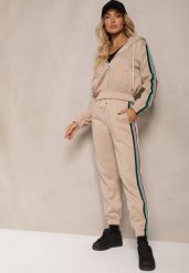 Beżowy Komplet Dresowy z Kolorowym Lampasem Bluza z Kapturem i Spodnie Joggery Nevarielles. Brązowe bluzy z kapturem damskie Renee, l, z dresówki. Za 99.99 zł.